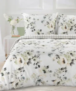 Satynowa pościel biało szara w kwiaty