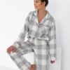 kremowo szara piżama damska w kratę ciepła rozpinana góra