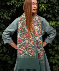 elegancki zielony szal damski haft wełna długi