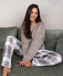 polarowa ciepła piżama damska beżowa soft