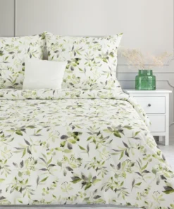 Biała pościel bawełniana w zielone listki - Classic Family