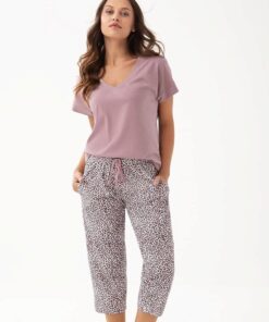 piżama damska krótki rękaw rybaczki kakaowa