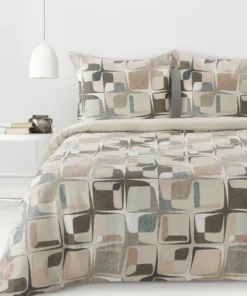 Beżowo brązowa pościel bawełniana satynowa w geometryczny wzór
