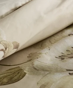 Alternative view of Beżowo oliwkowa pościel z bawełny satynowej w kwiaty i listki