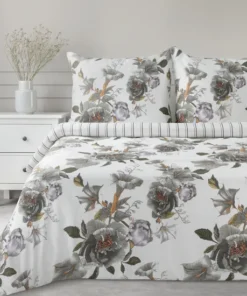 Biała pościel w szare kwiaty z satyny bawełnianej Classic