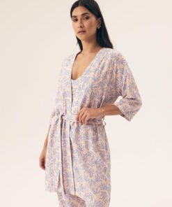 cienki szlafrok damski kremowo niebieski