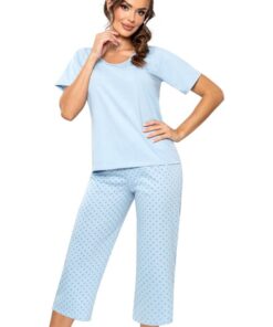 niebieska piżama damska spodnie 3/4 w kropki