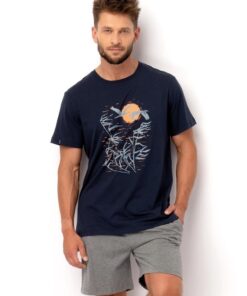 Piżama męska Key MNS 749 A25 bawełniana krótka granat szary