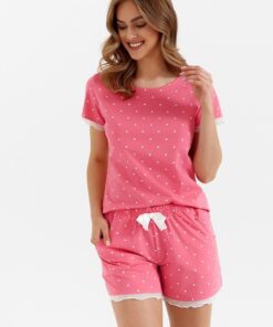 piżama damska krótkie spodenki różowa w groszki