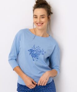 bawełniana niebieska piżama damska spodnie w kropki, rękaw 3/4