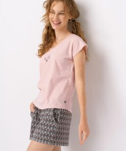 piżama damska krótkie spodenki róż kawa
