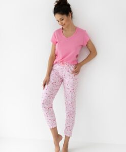 bawełniana piżama damska różowa kwiaty