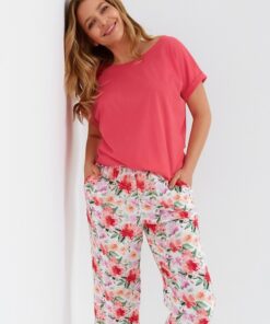 Piżama Taro Aria 3427 krótki rękaw spodnie 7/8 koralowa w kwiaty