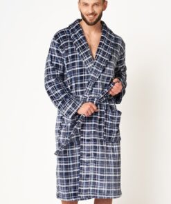 Długi Szlafrok męski Key MGL 432 gruby w kratę granatowy