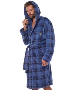 Szlafrok męski L&L 2457 Pedro z kapturem niebieski w kratę