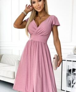 Elegancka krótka sukienka Matylda midi brokatowa różowa
