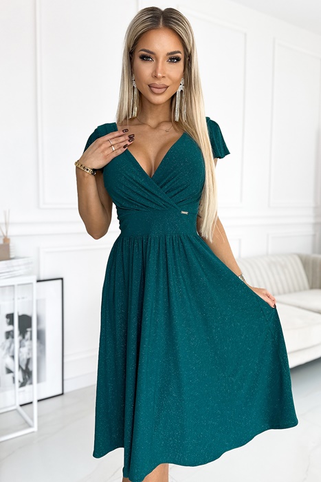 Elegancka krótka sukienka Matylda midi brokatowa zielona
