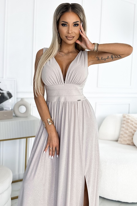 Długa elegancka sukienka Susan maxi głęboki dekolt brokat beż