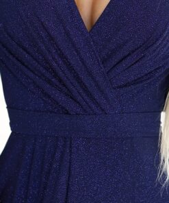 Alternative view of Elegancka długa sukienka rozcięcie rękaw motylek brokat granat