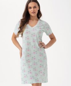 Koszula nocna Luna 211 do kolan 100% bawełna mięta w kwiaty