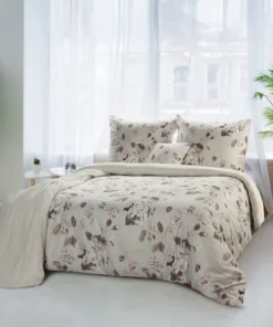 Beżowa bawełniana pościel w brązowo szary kwiatowy wzór – satyna bawełniana