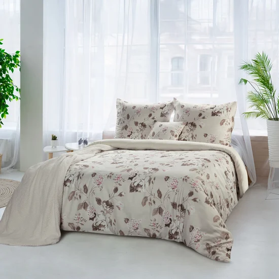 Beżowa bawełniana pościel w brązowo szary kwiatowy wzór – satyna bawełniana