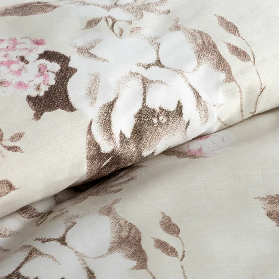 Beżowa bawełniana pościel w brązowo szary kwiatowy wzór – satyna bawełniana - obrazek 2