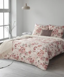 Beżowo szaro różowa pościel satynowa bawełniana Elegancka w kwiaty