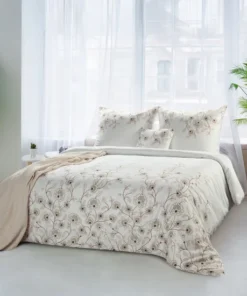 Biała pościel z bawełny satynowej w eleganckie brązowe listki i kwiaty