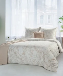 Biało kremowa pościel bawełniana satynowa w tropikalne liście i kwiaty Classic