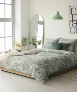 Biało miętowa pościel w liście z satyny bawełnianej – Classic Collection