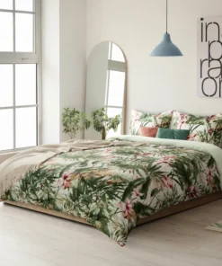 Biało zielona pościel z bawełny satynowej w tropikalne liście i egzotyczne kwiaty