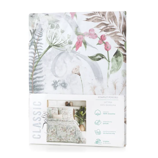 Biało miętowa pościel bawełniana satynowa w listki i kwiaty seria Classic - obrazek 6