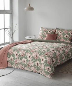 Szaro zielona pościel w różowe kwiaty – pościel polska bawełna satynowa
