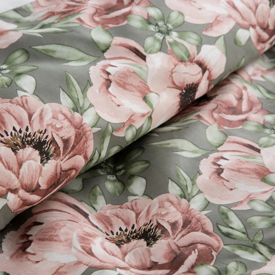 Szaro zielona pościel w różowe kwiaty – pościel polska bawełna satynowa - obrazek 2