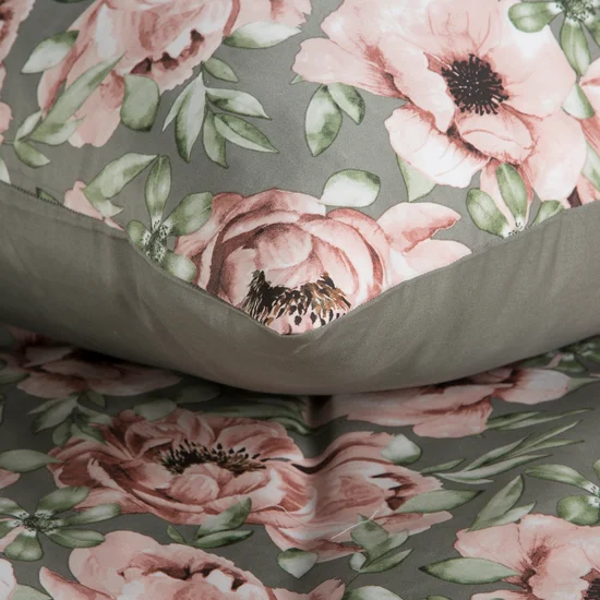 Szaro zielona pościel w różowe kwiaty – pościel polska bawełna satynowa - obrazek 3