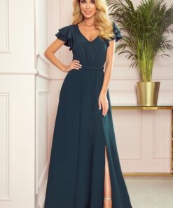 Sukienka długa Maxi Lidia rękaw falbanka szarozielona