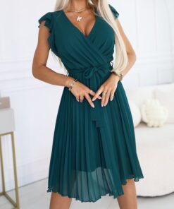 Sukienka krótka talia z paskiem plisowany dół zielona
