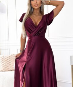 Alternative view of Sukienka długa do ziemi maxi elegancka Satynowa bordowa