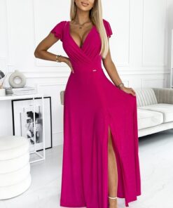 Sukienka długa do ziemi maxi elegancka Brokatowa fuksja