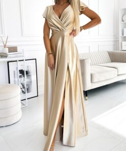 Sukienka długa do ziemi maxi elegancka Satynowa Złota