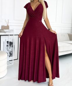 Sukienka długa do ziemi maxi elegancka Brokatowa bordo