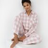 różowa piżama damska w kratę sensis długi rękaw i spodnie