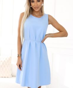 Sukienka bez rękawów Tunika trapezowa wiązana błękitna