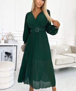 zielona sukienka plisowana długi rękaw pasek