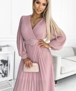 Sukienka plisowana elegancka długi rękaw Klara pudrowy różowy