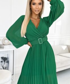 Sukienka plisowana elegancka długi rękaw Klara zielona