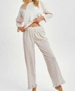 Piżama damska długa Taro Vera 3438 kratka falbany beżowa