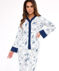 elegancka biała niebieska piżama damska rozpinana