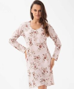 Koszula nocna Luna 288 z długim rękawem pudrowy róż kwiaty
